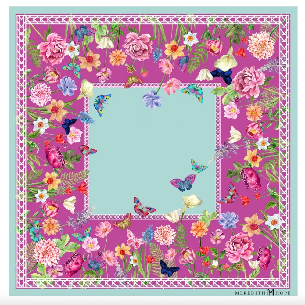 MEREDITH HOPE 100% SILK NECK / PURSE SCARF "BUTTERFLY GARDEN" PALM BEACH COLLECT